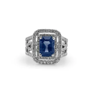 2.01cts Radiant Cut Sapphire with Diamond Double Halo Ring in 18k White Gold