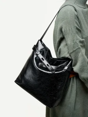 28CM genuine leather oil wax large capacity single shoulder tote bag 2956 black