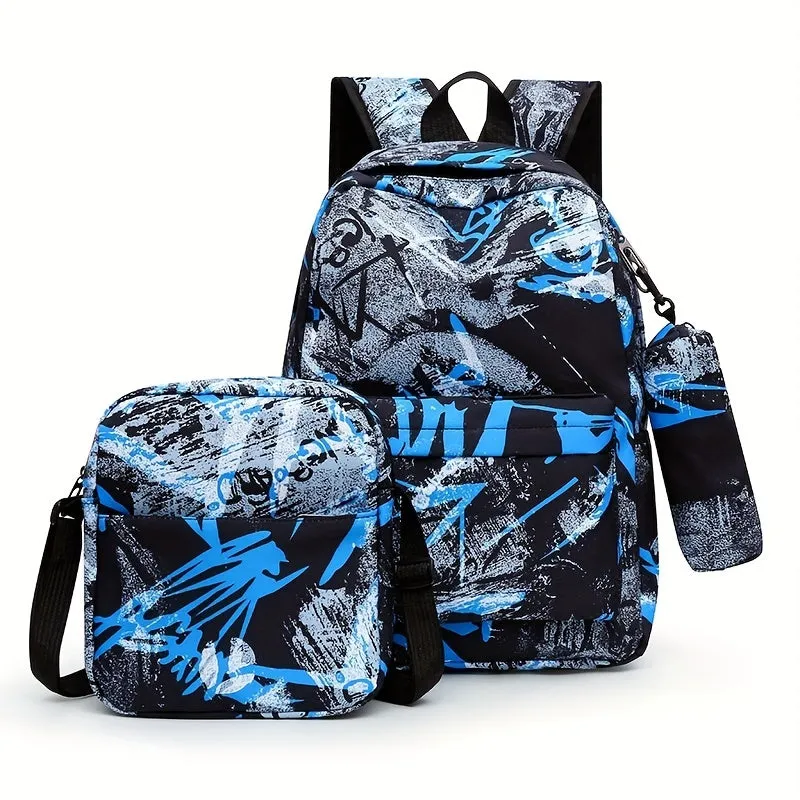 3Pcs Trendy Geometric Pattern Nylon Backpack Set - Adjustable Straps, Water-Resistant, Polyester Lining, Zipper Closure - Perfect for School, Travel, and Daily Use