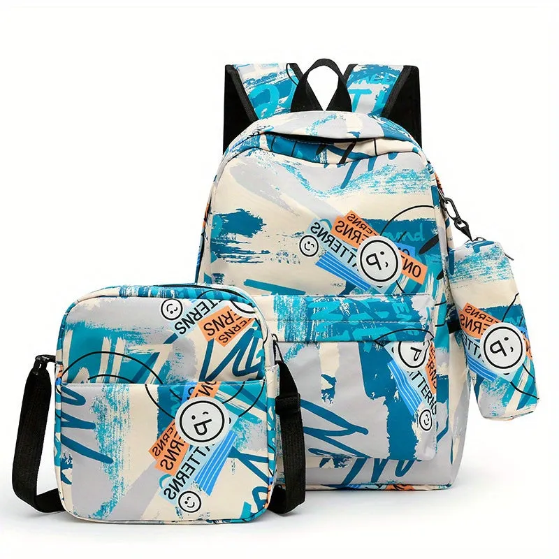 3Pcs Trendy Geometric Pattern Nylon Backpack Set - Adjustable Straps, Water-Resistant, Polyester Lining, Zipper Closure - Perfect for School, Travel, and Daily Use