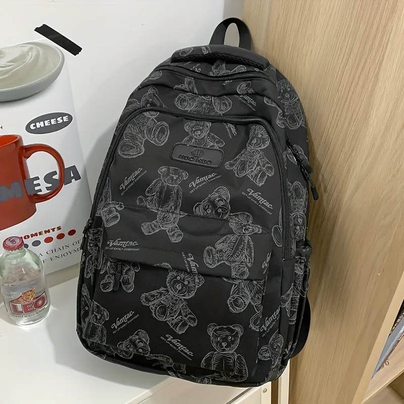 90cm Shoulder Strap Casual Nylon Bear Print Backpack - Versatile Daypack for College, Library, Daily Commute & Going Out - Stylish, Trendy, and Spacious Uncharged Schoolbag for Men