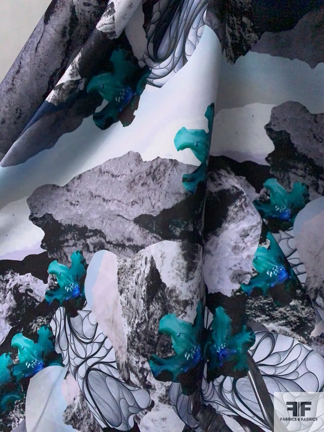 Abstract Collage Printed Double Faced Polyester Satin - Teal / Blue / Grey / Black