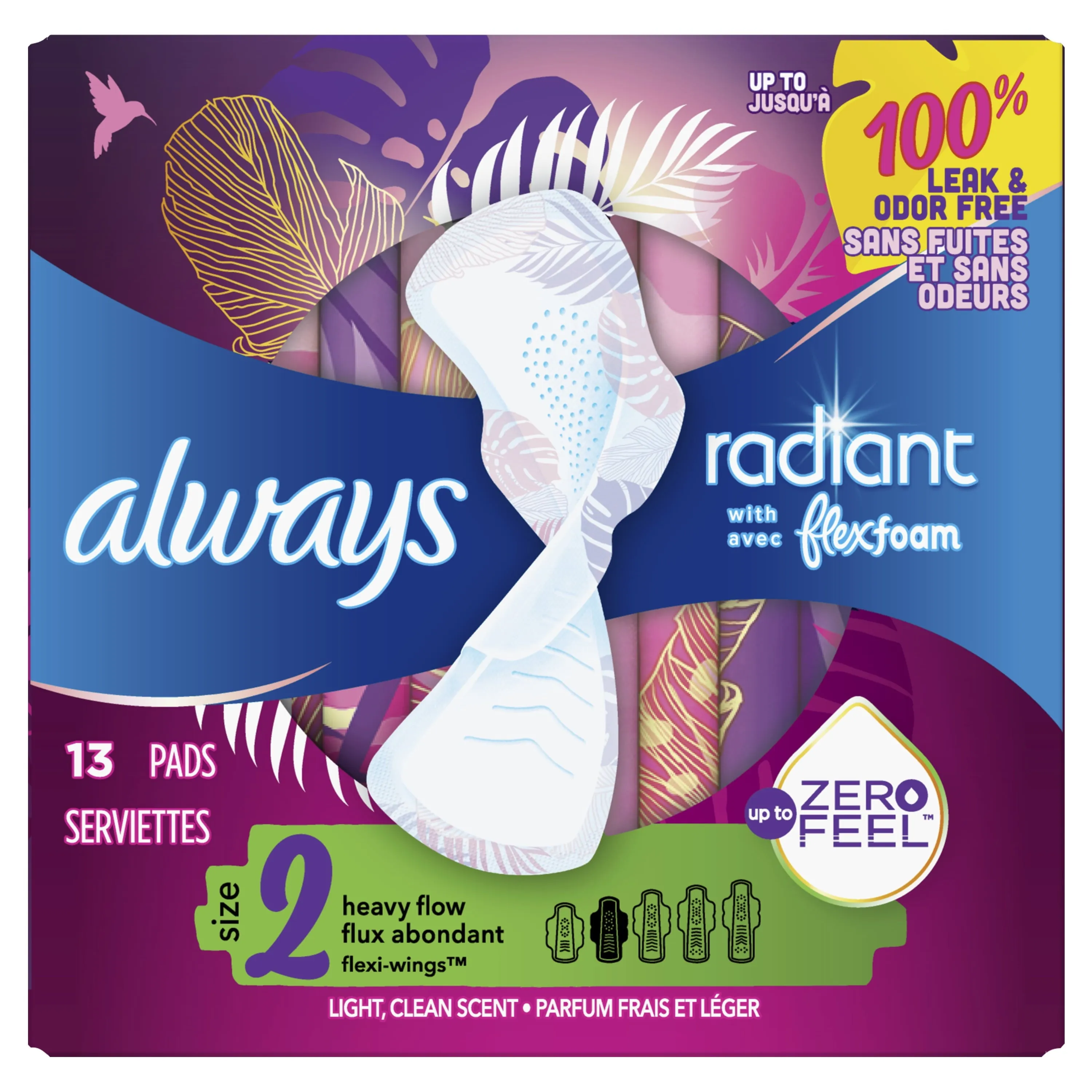 Always Radiant Feminine Pads with Wings, Size 2, Heavy Absorbency, Scented, 13 CT