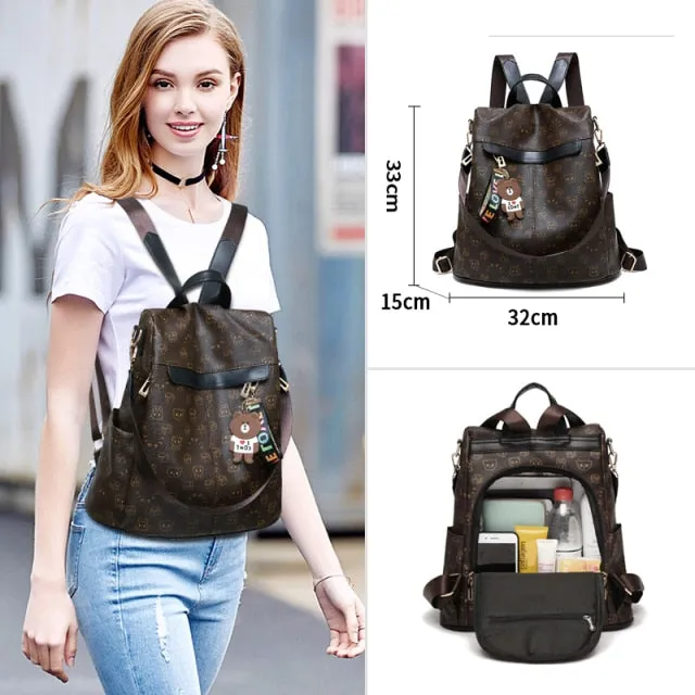 Anti-theft Waterproof Women Backpack Panda Pattern with Bear Zipper PU Leather