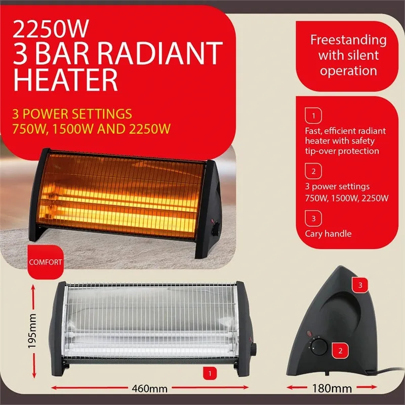 Arlec 2250W Arlec Radiant Heater/3 Power Settings/3 Tubular Quartz Halogen