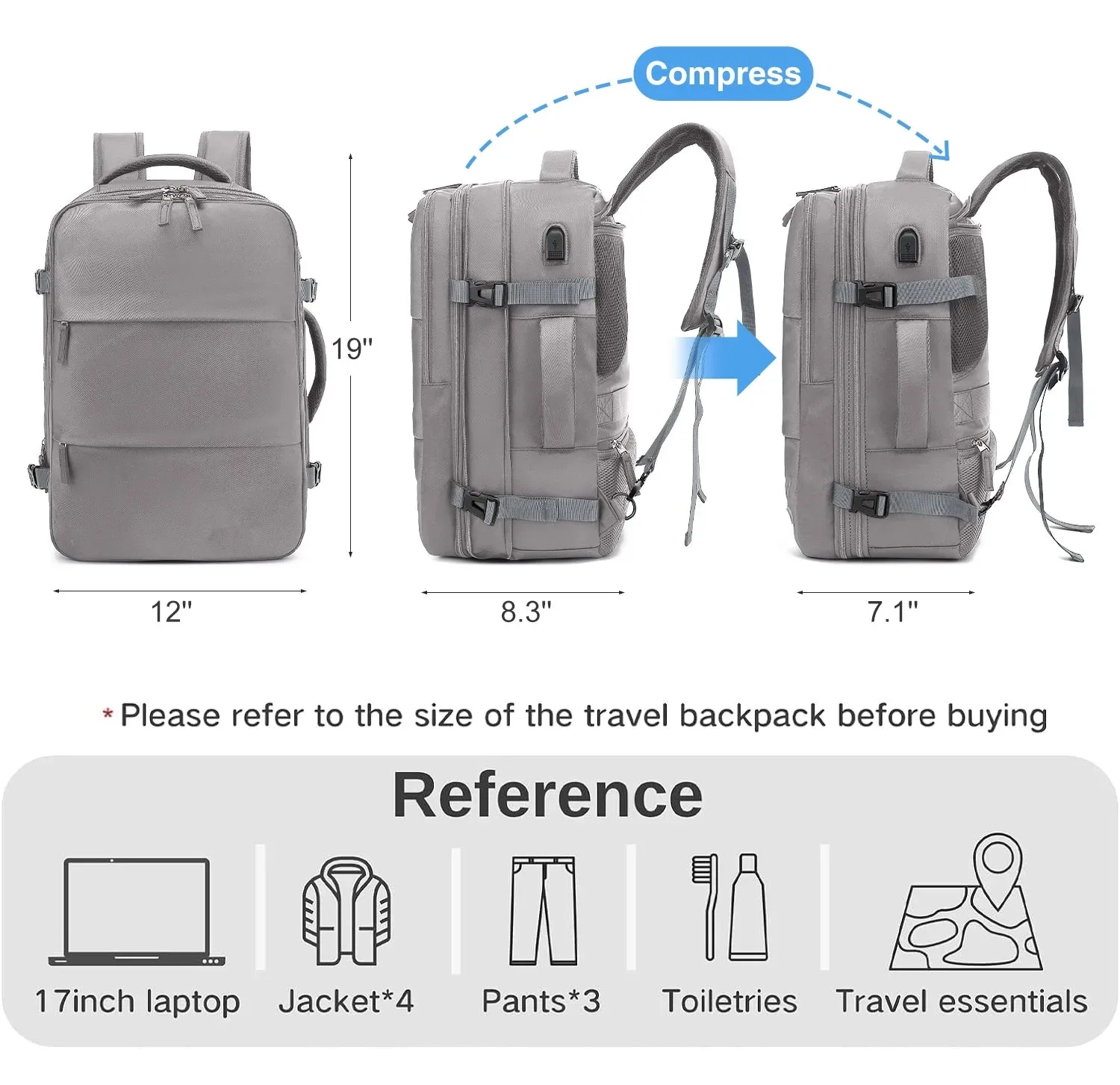 Backpacks for Adults Laptop Backpack Travel School Backpacks for Women Men Carry on 19'' with USB Charging Port Flight Approved Waterproof anti Theft Luggage Casual Daypack