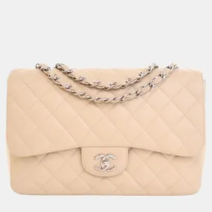 Beige Leather Jumbo Classic Single Flap Shoulder Bag