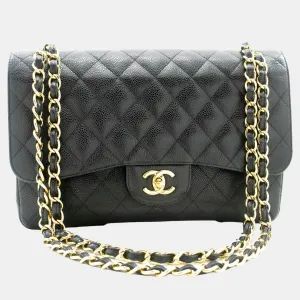 Black Caviar Leather Large Classic Double Flap Shoulder Bag