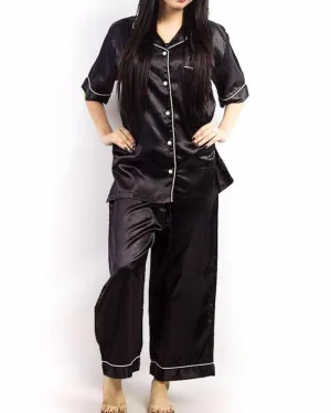 Black Polyester Satin Nightsuit