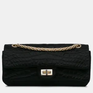 Black Satin Reissue 2.55 Croc Stitched East West Double Flap Bag