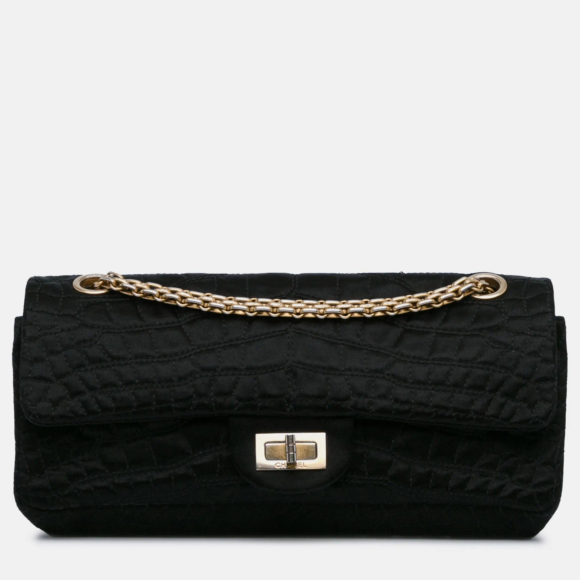 Black Satin Reissue 2.55 Croc Stitched East West Double Flap Bag