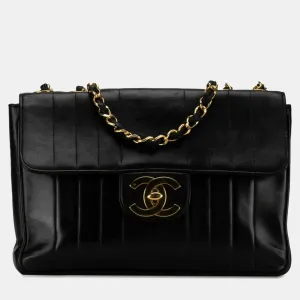 Black Vertical Quilted Leather Jumbo Classic Flap Shoulder Bag