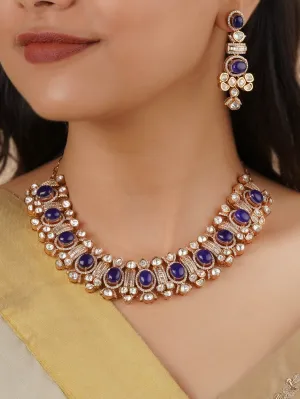 Blue Color Gold Plated Faux Polki Necklace Set - PK-S182BL