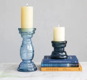 Blue Recycled Glass Pillar Candle Holder