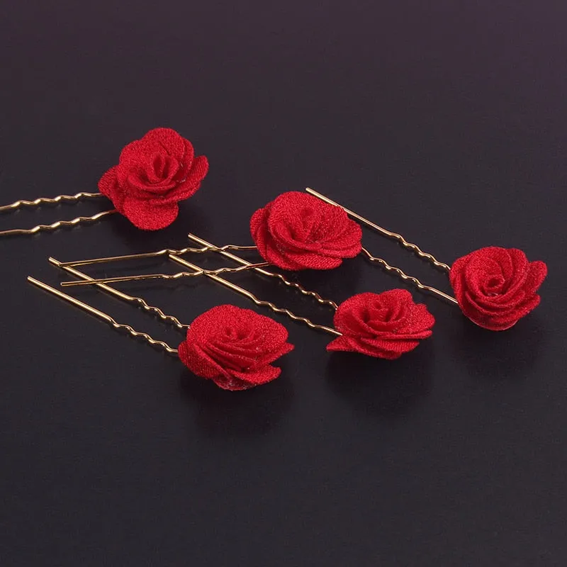 Bridal 5 PCS Vintage Chinese Red Rose Hair Clip for Chinese Wedding