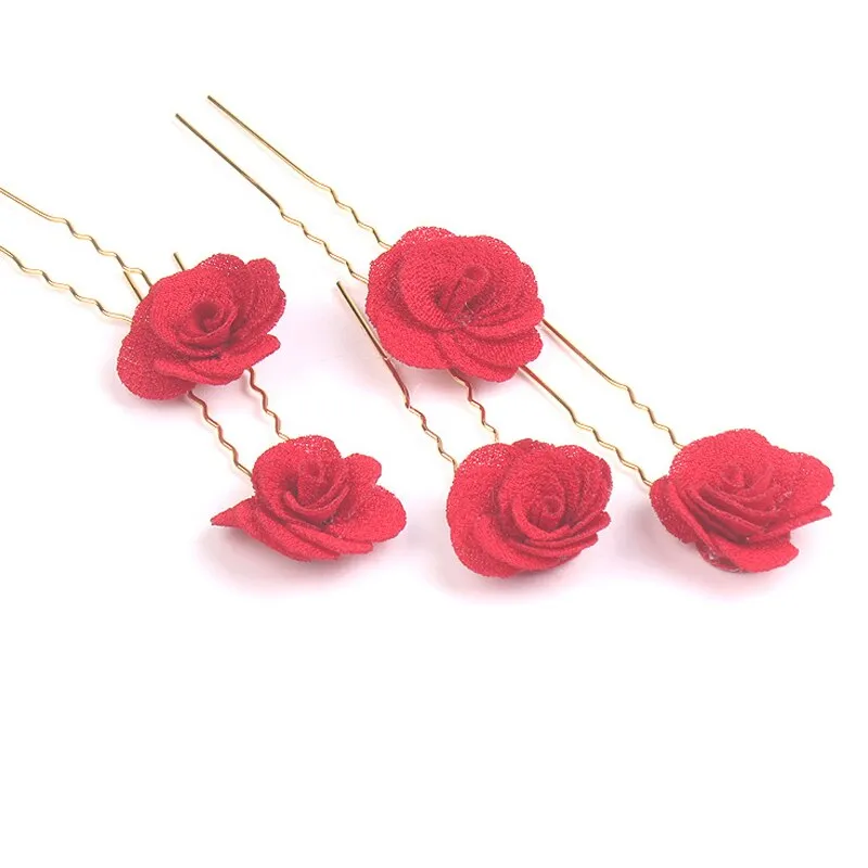 Bridal 5 PCS Vintage Chinese Red Rose Hair Clip for Chinese Wedding