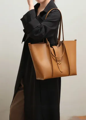 Brown Genuine Leather Belted Tote Bag