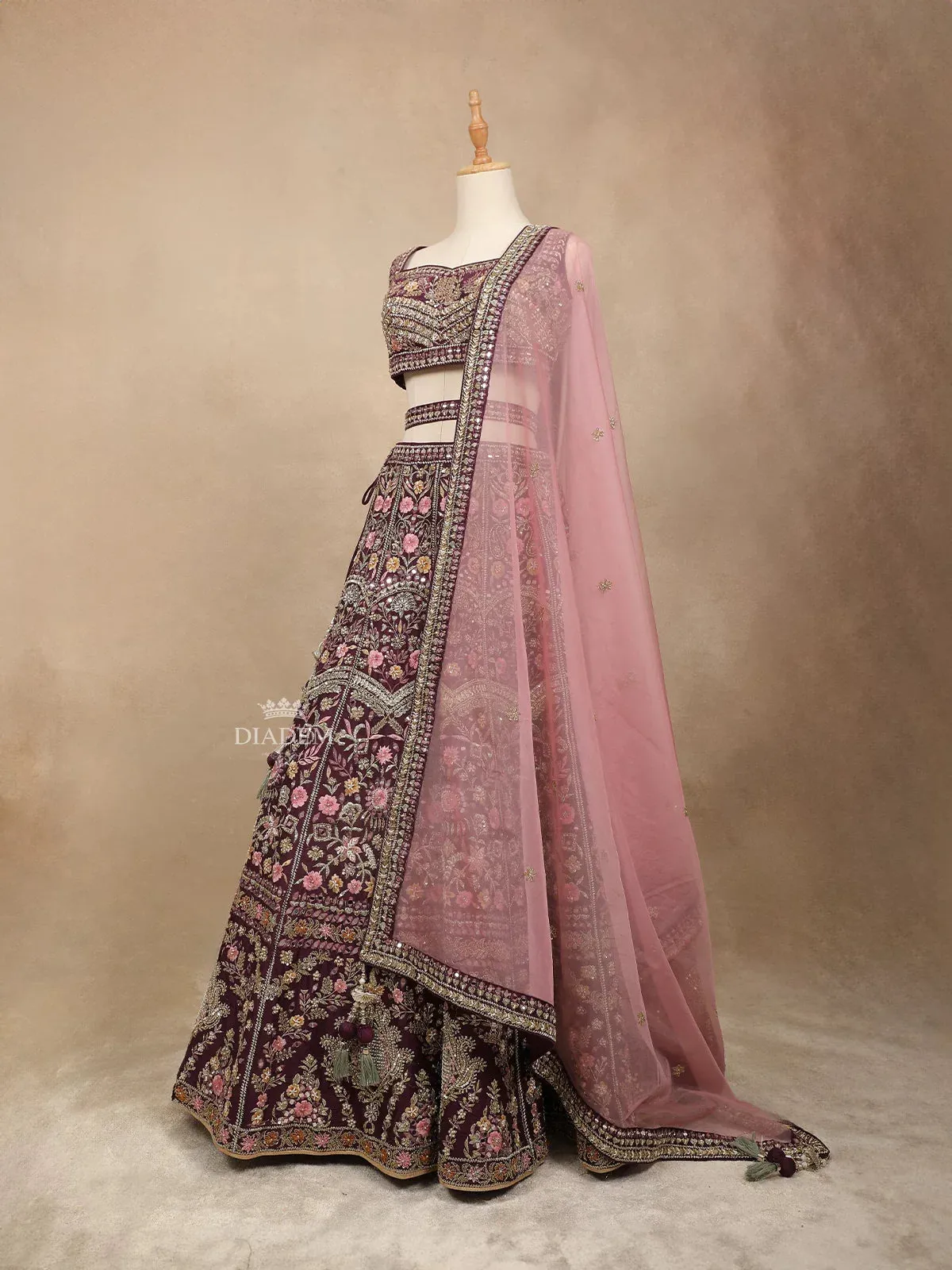 Burgundy Silk Lehenga Adorned with Threadwork Embroidery and Mirror Work, Paired with Dupatta and Waist Belt