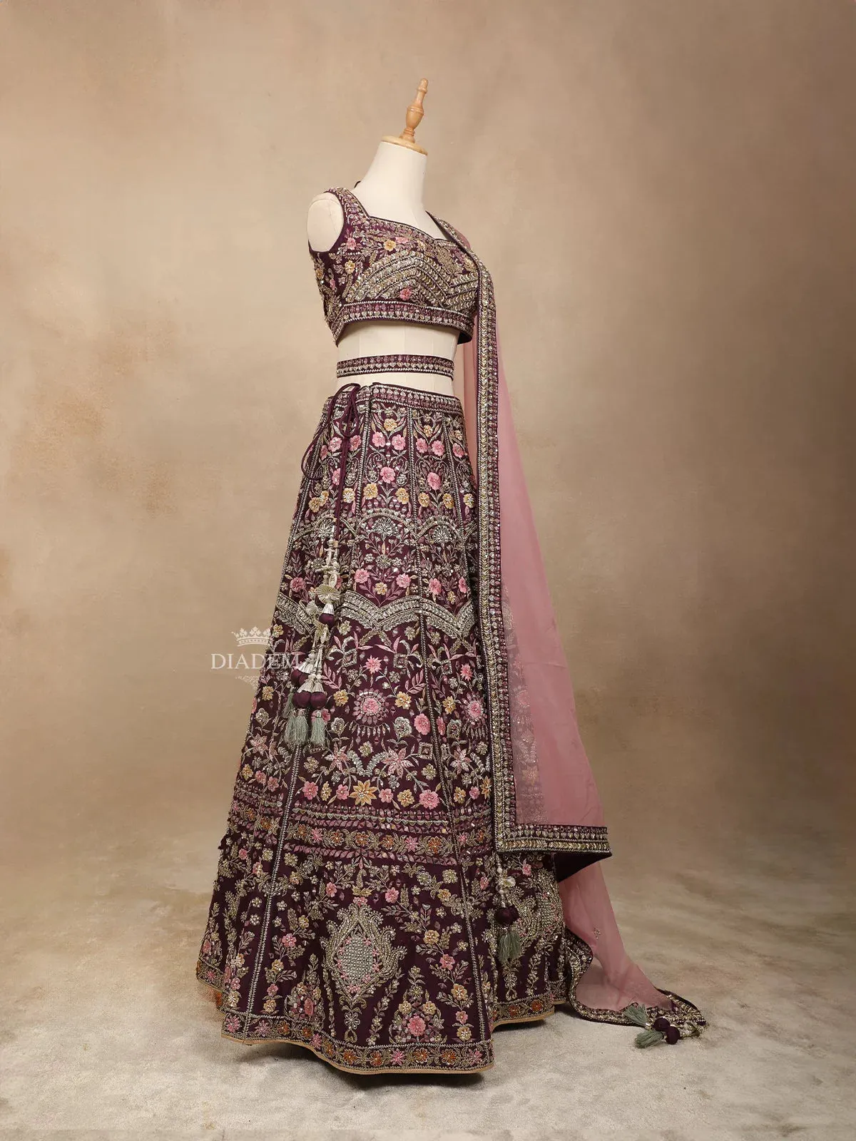 Burgundy Silk Lehenga Adorned with Threadwork Embroidery and Mirror Work, Paired with Dupatta and Waist Belt