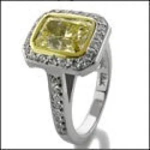 Canary Radiant Cut Cubic Zirconia 2 Carat Bezel Ring in Halo 14k Gold