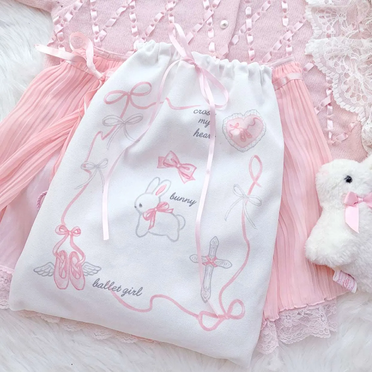 Coquette Girl Sweet Rabbit White & Pink Bow Handmade Drawstring Cinch Bag Backpack