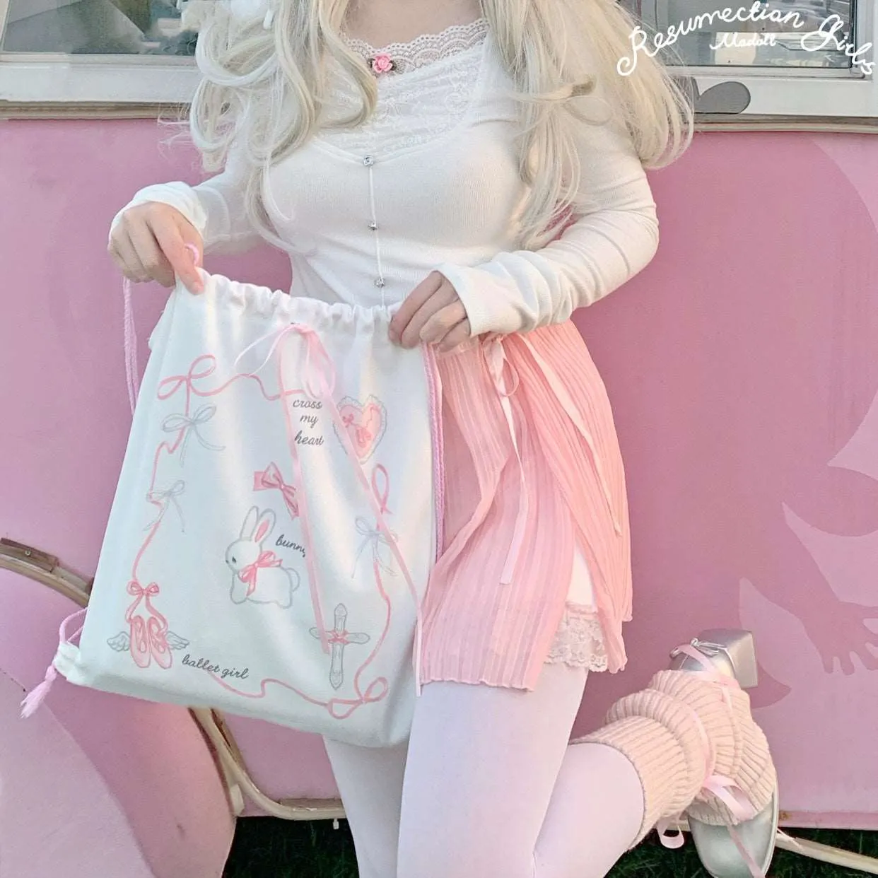 Coquette Girl Sweet Rabbit White & Pink Bow Handmade Drawstring Cinch Bag Backpack