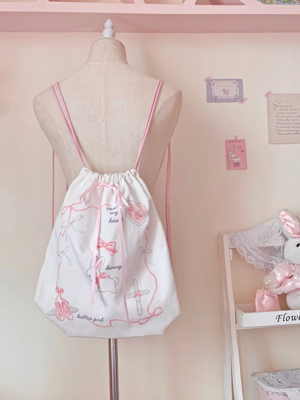 Coquette Girl Sweet Rabbit White & Pink Bow Handmade Drawstring Cinch Bag Backpack