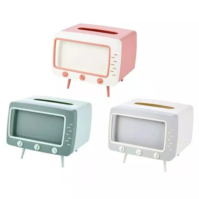 Creative 2 In 1 TV Shape Tissue Box, Desktop Paper Holder, Dispenser Storage Napkin Case, Mobile Phone Holder Organizer