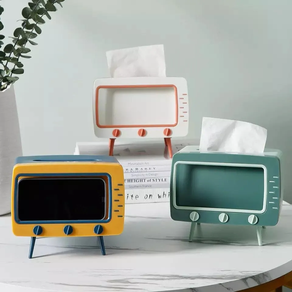 Creative 2 In 1 TV Shape Tissue Box, Desktop Paper Holder, Dispenser Storage Napkin Case, Mobile Phone Holder Organizer