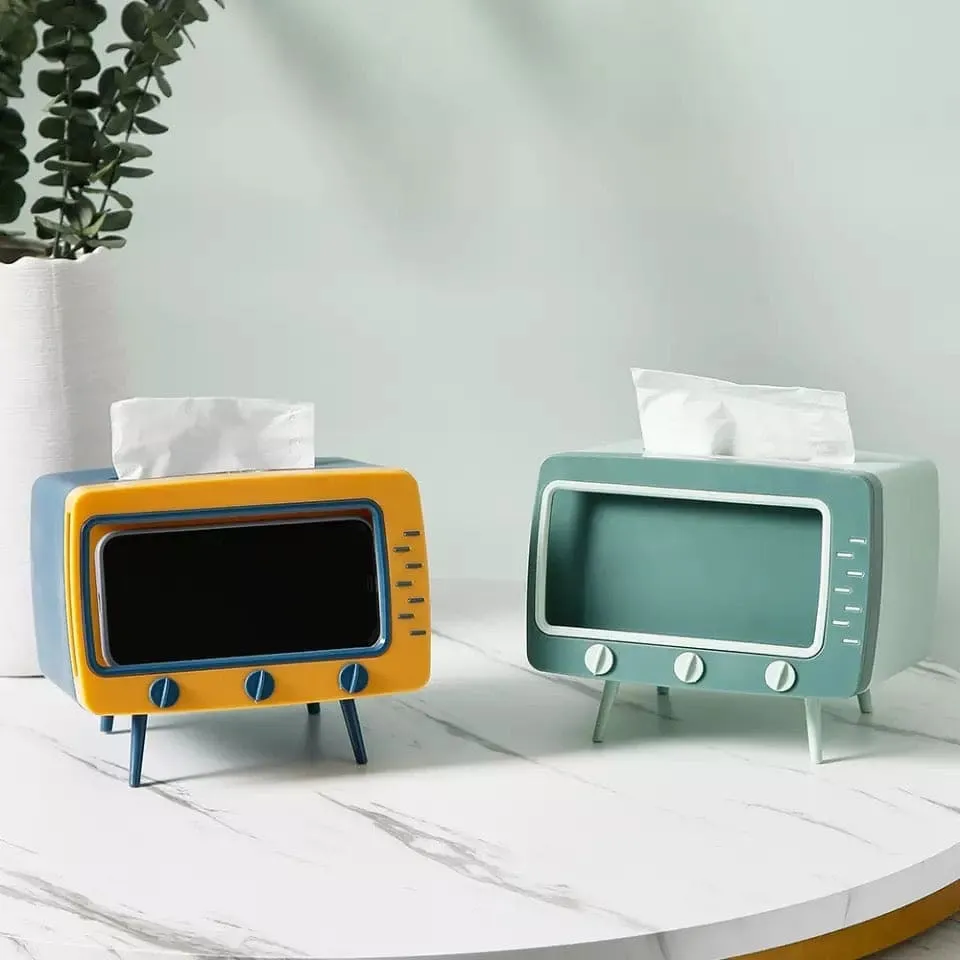 Creative 2 In 1 TV Shape Tissue Box, Desktop Paper Holder, Dispenser Storage Napkin Case, Mobile Phone Holder Organizer