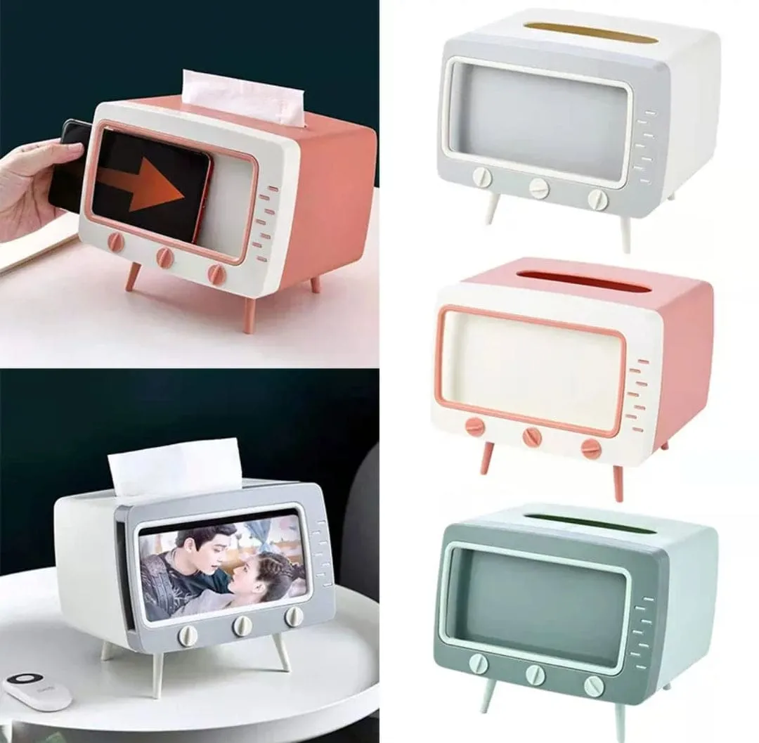 Creative 2 In 1 TV Shape Tissue Box, Desktop Paper Holder, Dispenser Storage Napkin Case, Mobile Phone Holder Organizer