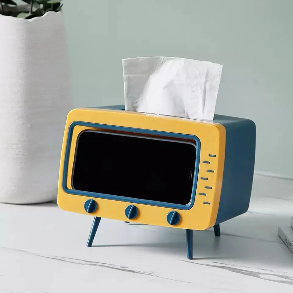 Creative 2 In 1 TV Shape Tissue Box, Desktop Paper Holder, Dispenser Storage Napkin Case, Mobile Phone Holder Organizer