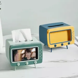 Creative 2 In 1 TV Shape Tissue Box, Desktop Paper Holder, Dispenser Storage Napkin Case, Mobile Phone Holder Organizer