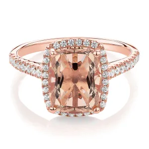 Cushion Radiant and Round Brilliant halo engagement ring with 10x8mm morganite simulant in 10 carat rose gold