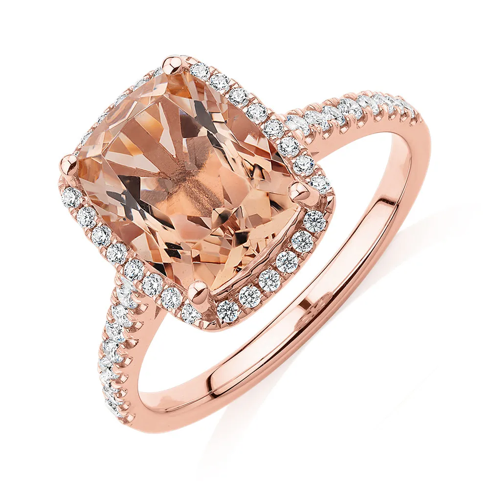 Cushion Radiant and Round Brilliant halo engagement ring with 10x8mm morganite simulant in 10 carat rose gold