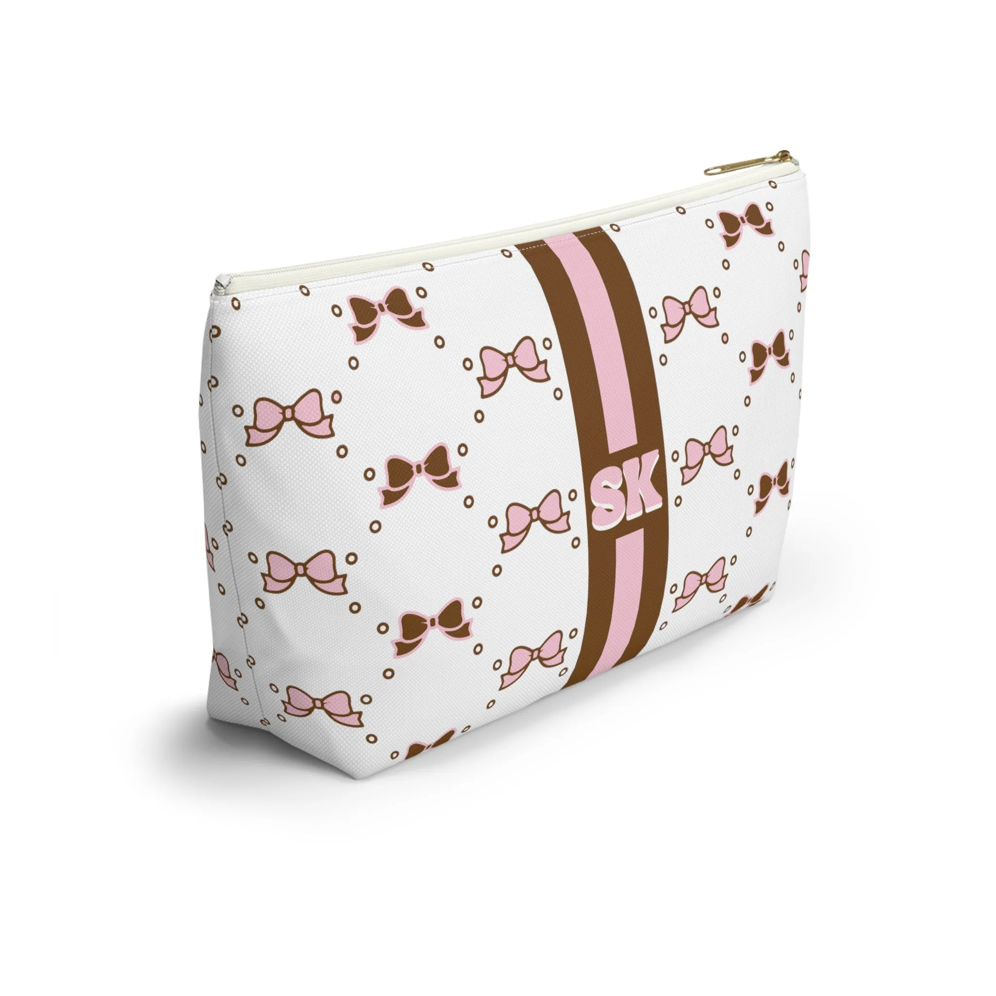 Custom Initial Personalized Bow Makeup Bag - Custom Initial, Makeup Bag, Brown and Pink, Personalized, Bow Aesthetic