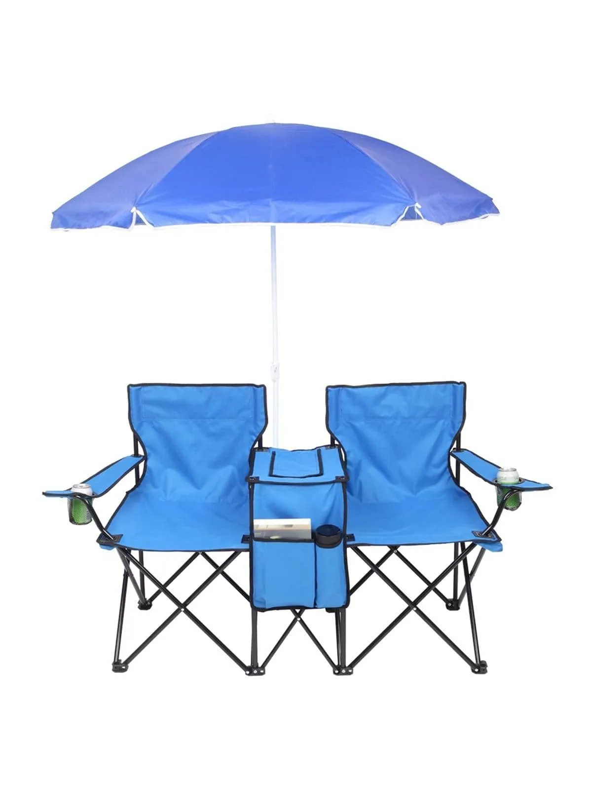 Double Folding Picnic Chairs w/Umbrella Mini Table Beverage Holder Carrying Bag for Beach