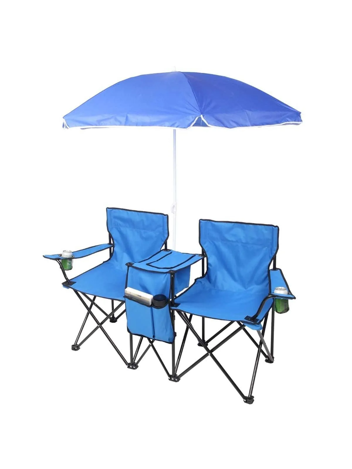 Double Folding Picnic Chairs w/Umbrella Mini Table Beverage Holder Carrying Bag for Beach