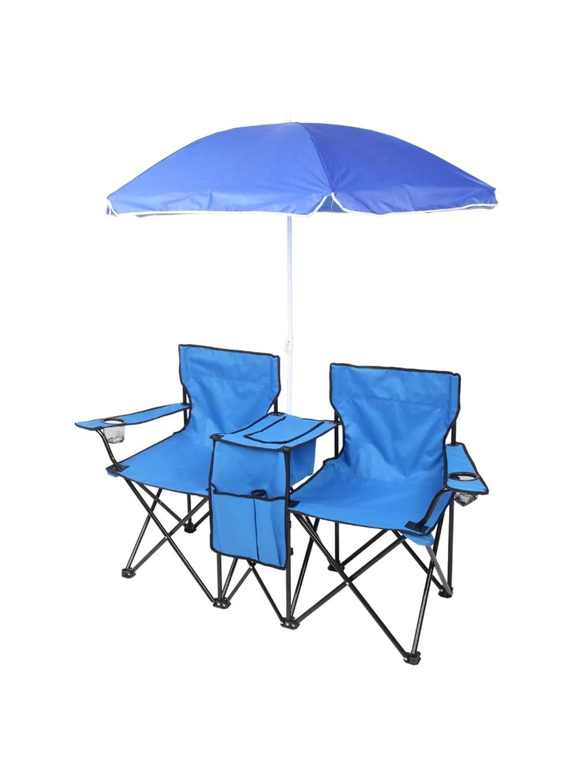 Double Folding Picnic Chairs w/Umbrella Mini Table Beverage Holder Carrying Bag for Beach