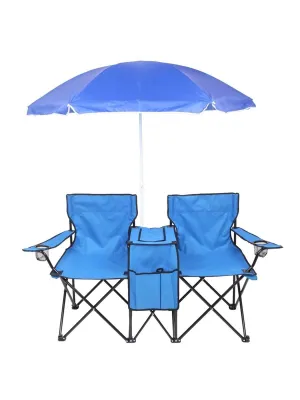 Double Folding Picnic Chairs w/Umbrella Mini Table Beverage Holder Carrying Bag for Beach