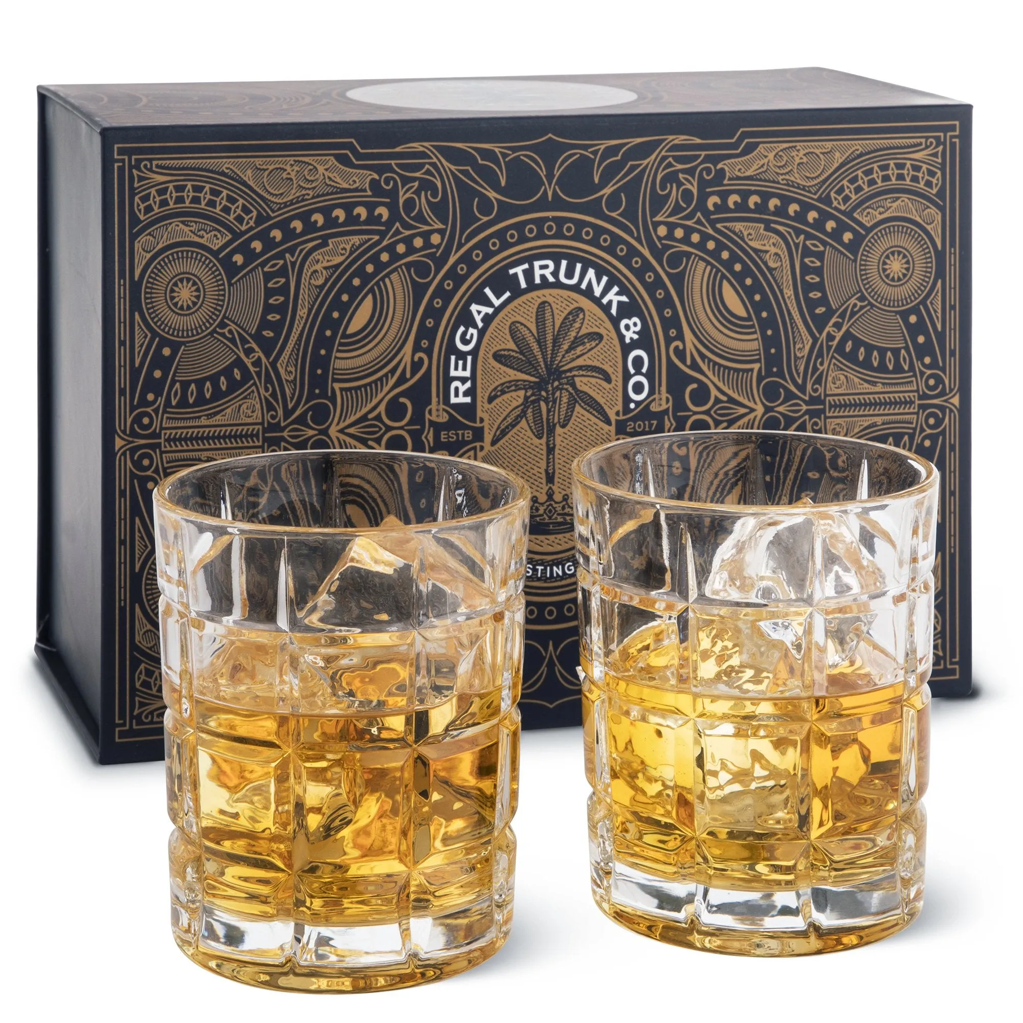 Elegant Whiskey Glass Set of 2 in a Spectacular Gift Box by Regal Trunk & Co. 10 Oz Old