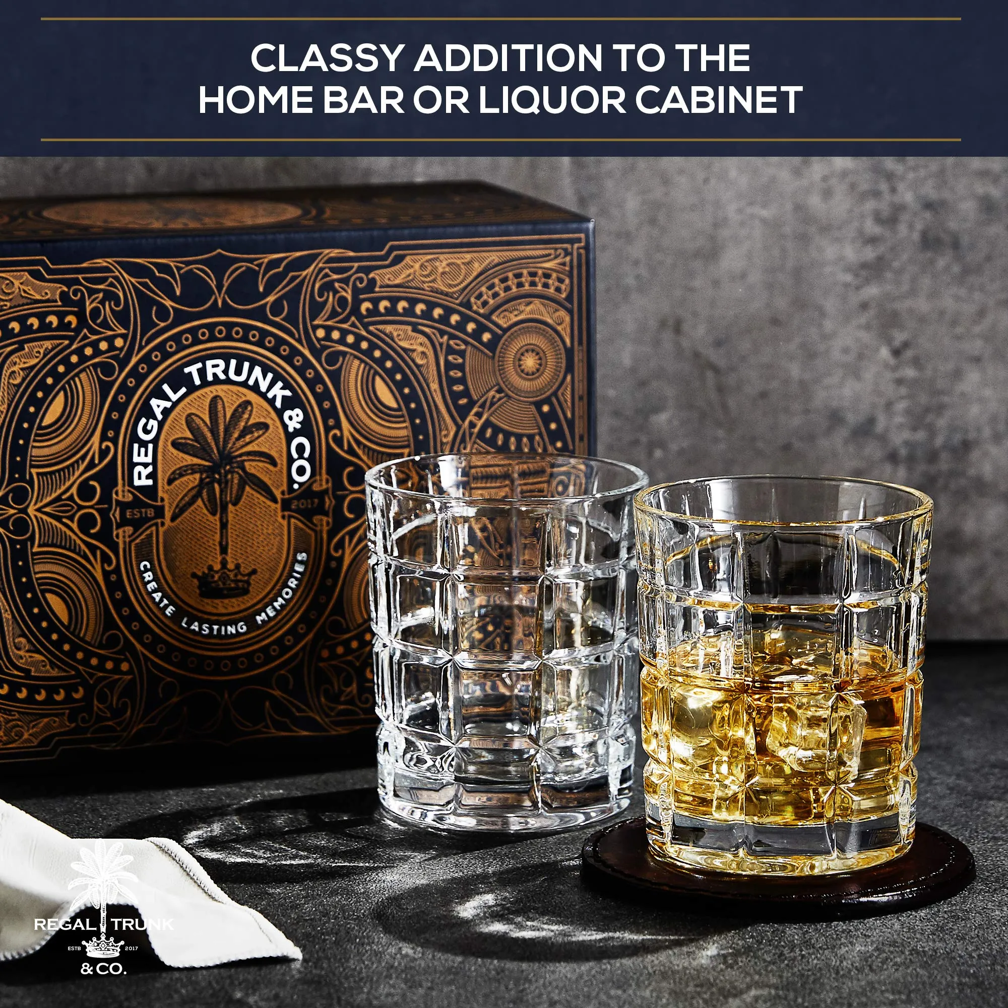 Elegant Whiskey Glass Set of 2 in a Spectacular Gift Box by Regal Trunk & Co. 10 Oz Old