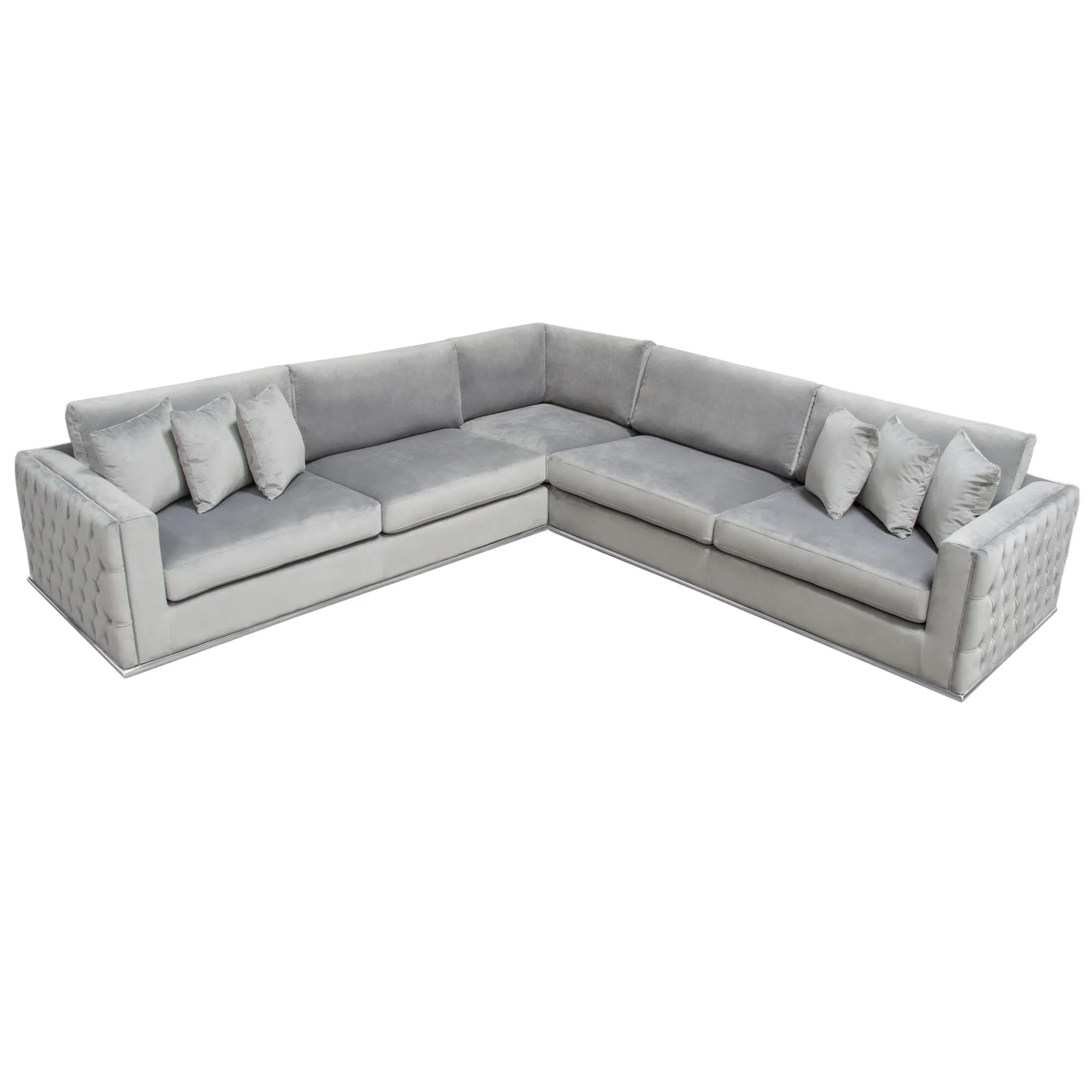 Envy 3PC Sectional in Platinum Grey Velvet with Tufted Outside Detail and Silver Metal Trim by Diamond Sofa