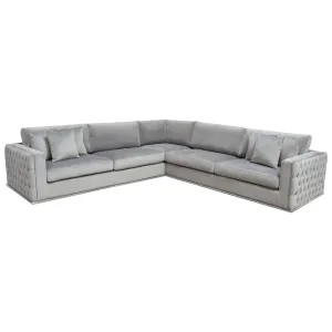 Envy 3PC Sectional in Platinum Grey Velvet with Tufted Outside Detail and Silver Metal Trim by Diamond Sofa