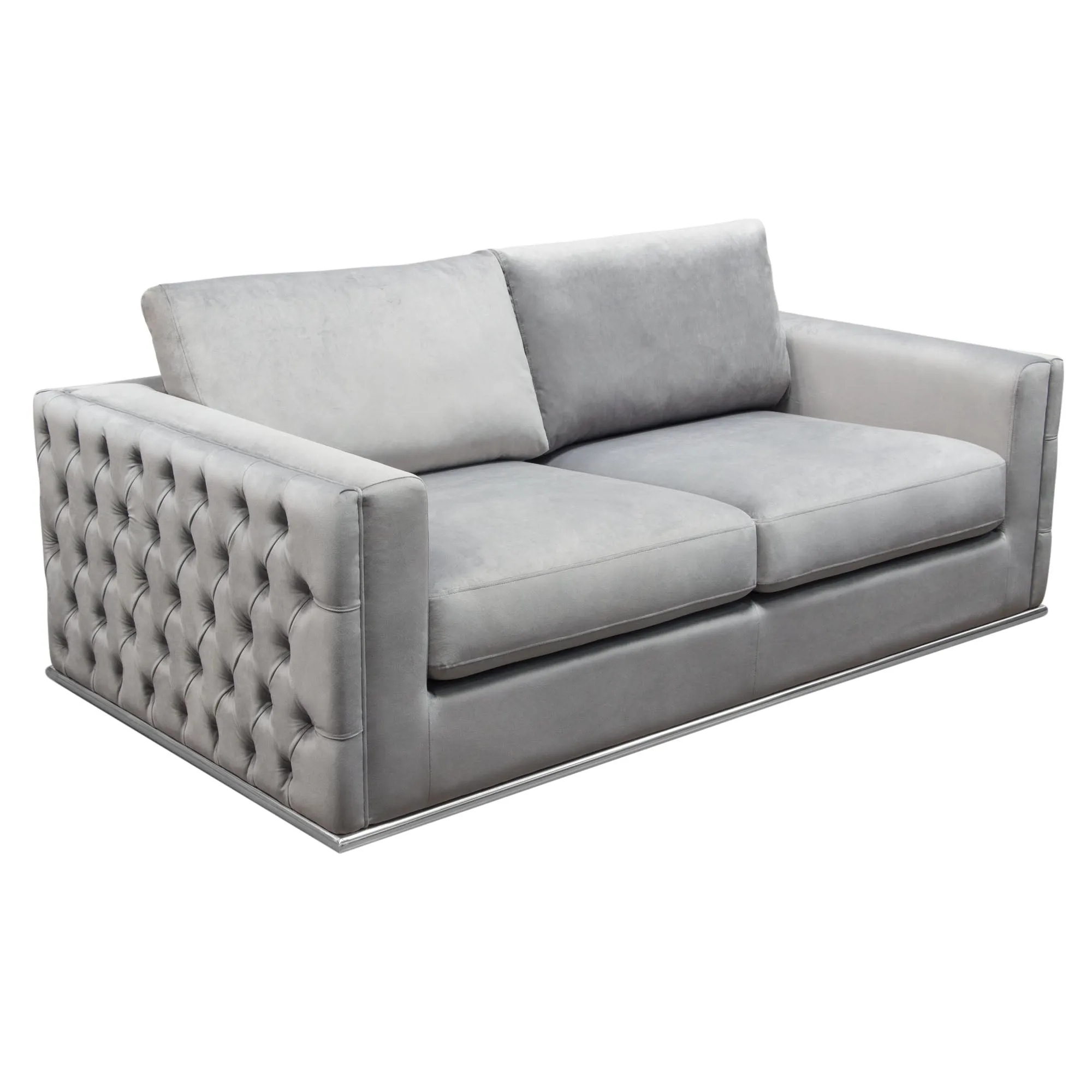 Envy Loveseat in Platinum Grey Velvet with Tufted Outside Detail and Silver Metal Trim by Diamond Sofa