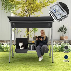 EROMMY 2 Person Porch Swing, Outdoor Swing with Pivot Storage Table, Cooler Bag, 2 Cup Holders, Removable Cushions, Patio Swing with Canopy for Backyard Balcony Poolside,Black