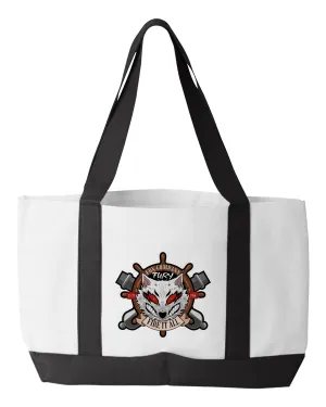 Fox Co. Shopping Bag, 18.5"W x 12"H with 3.5" depth. White Polyester with Black Straps and Bottom.