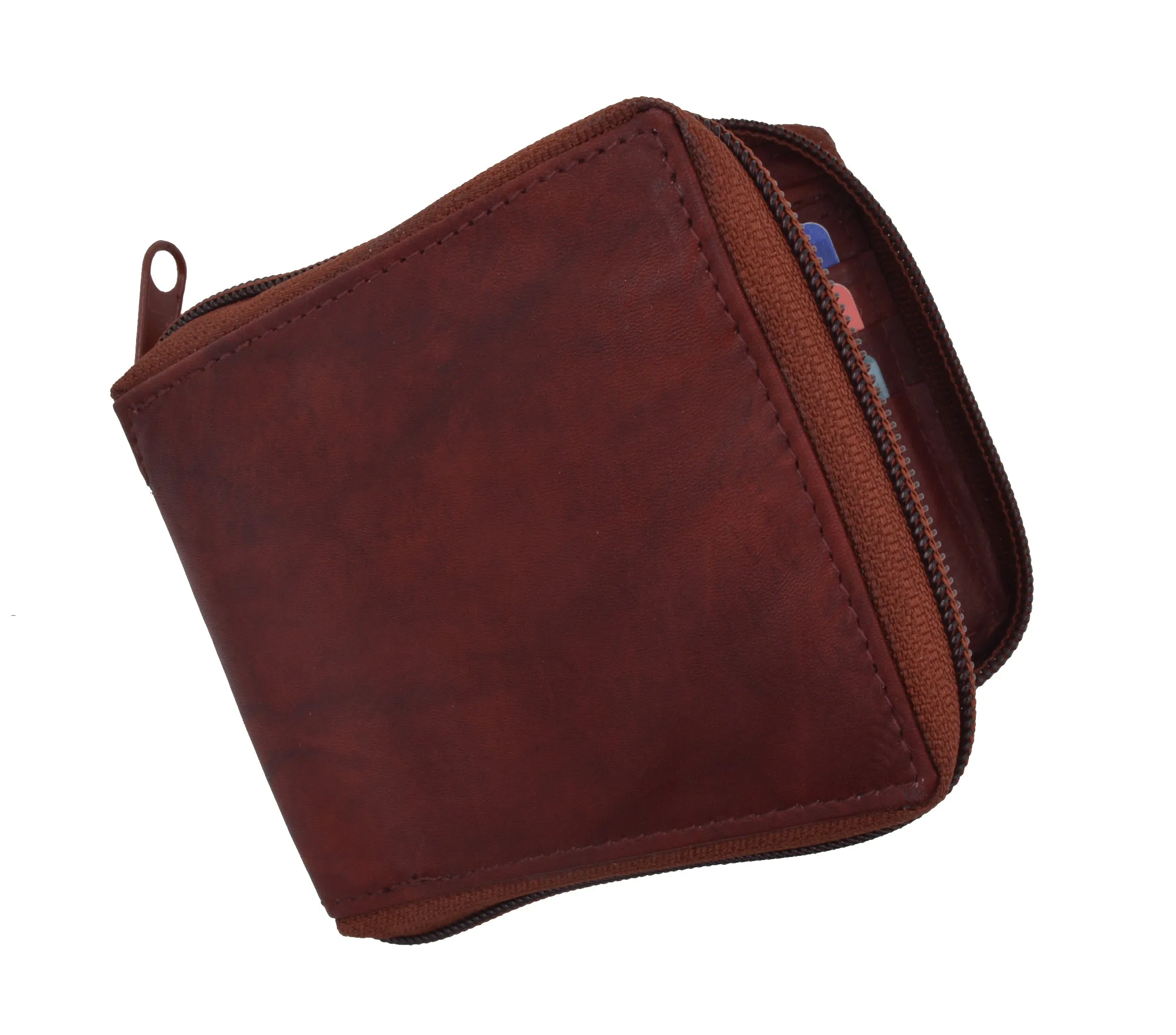 Genuine Cowhide Leather Mens Zipper Zip-Around Bifold Popular Card Holder Wallet