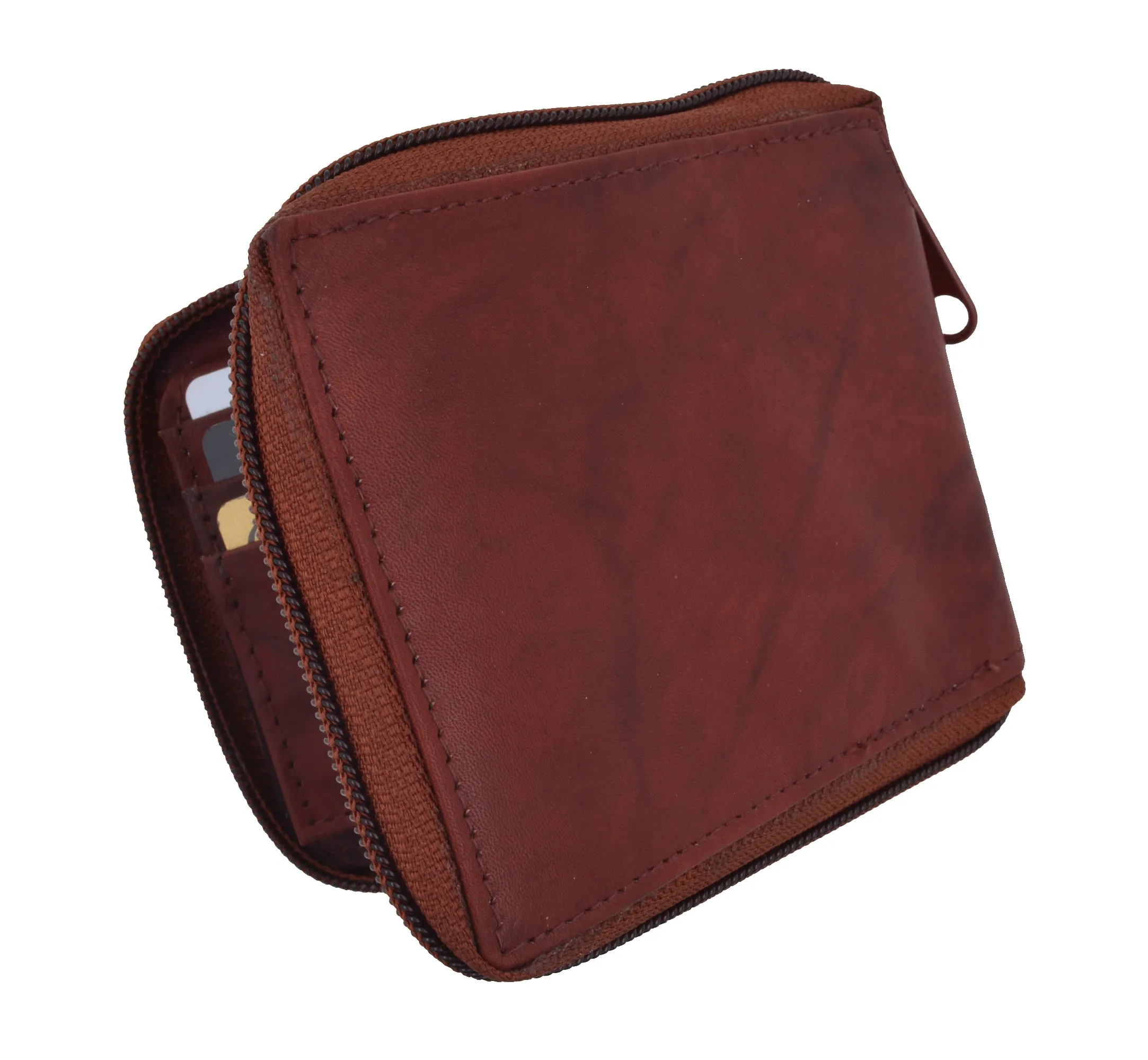 Genuine Cowhide Leather Mens Zipper Zip-Around Bifold Popular Card Holder Wallet