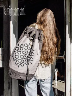 Giant Cotton Canvas Torba Backpack with Flower of Life Print / Grey